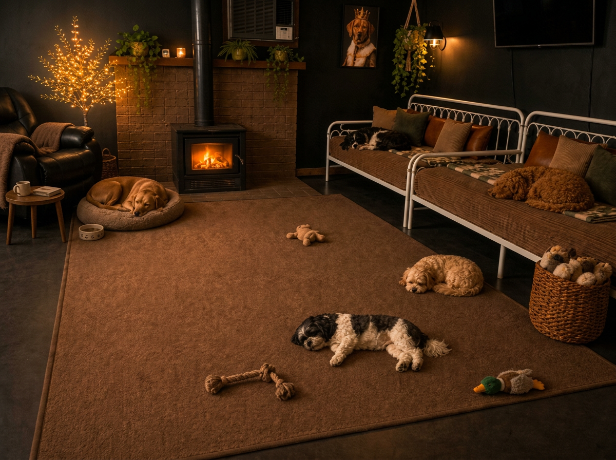 Dogs resting on a rug and daybeds by the fire in the indoor shared sleeping area
