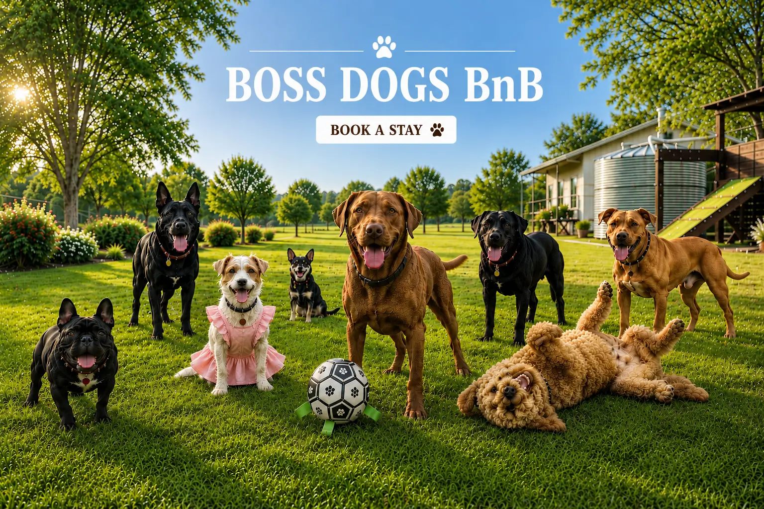 A group of happy dogs playing on the lawn at Boss Dogs BnB