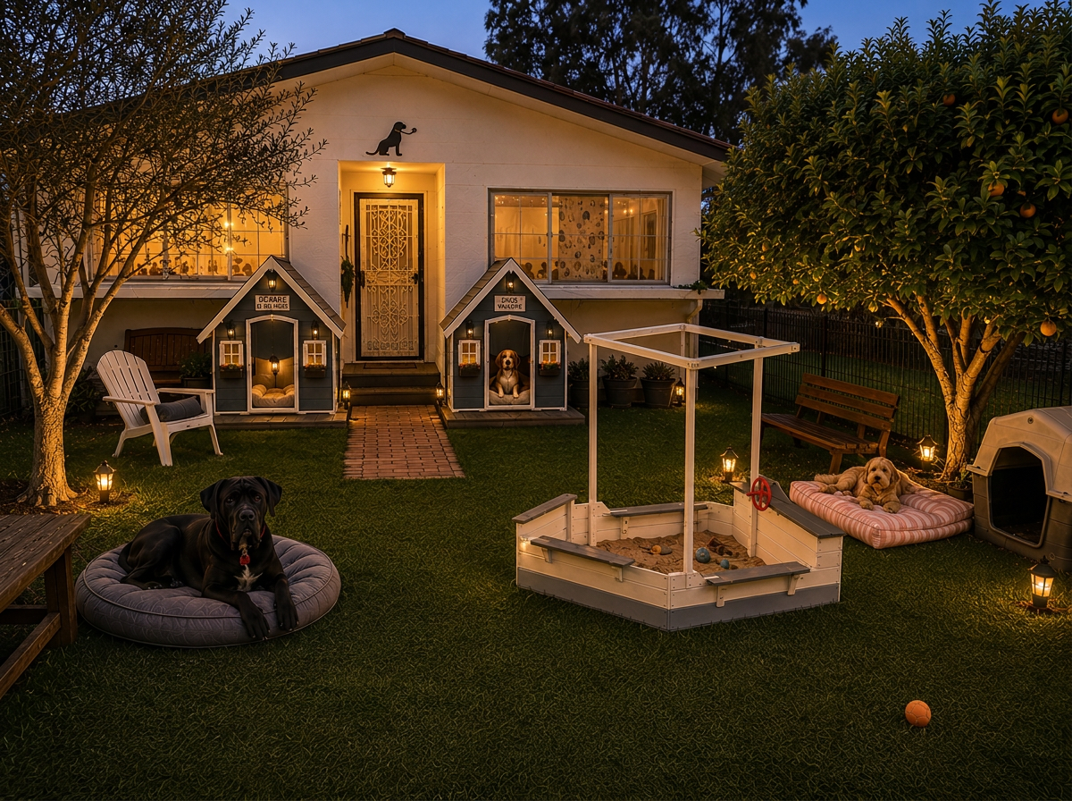 Dogs relaxing in a warmly lit backyard with dog houses, a sandbox, and garden chairs at dusk