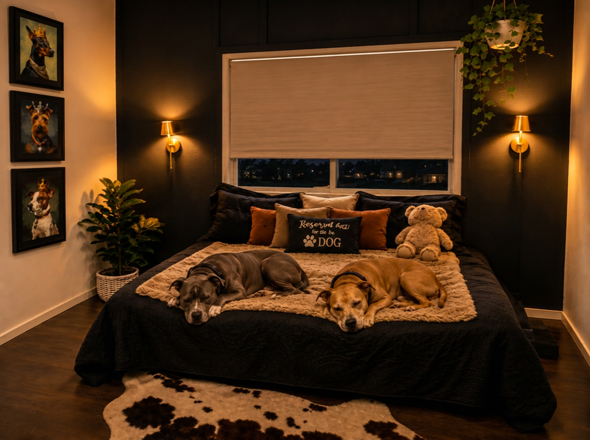 Two dogs resting on a comfortable bed in the dimly lit VIP Suite bedroom